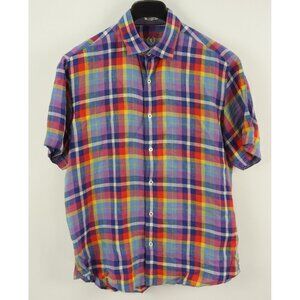 Bugatchi Linen Men's Large Short Sleeve Blue Yellow Purple Plaid Button Up Shirt